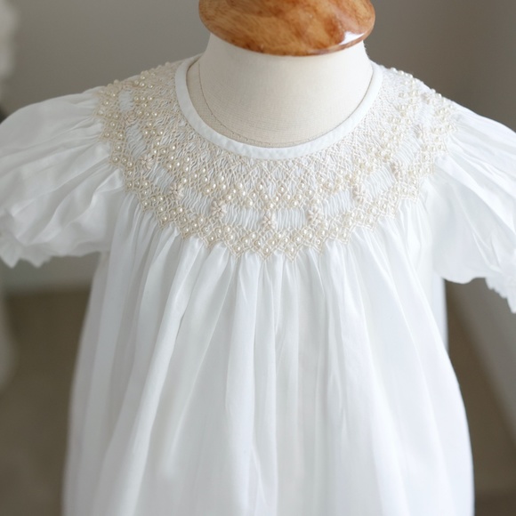 Strasburg ORIGINAL Dress White Bishop Smocked Ecru Embroidery Pearls Flower Girl - Picture 2 of 7